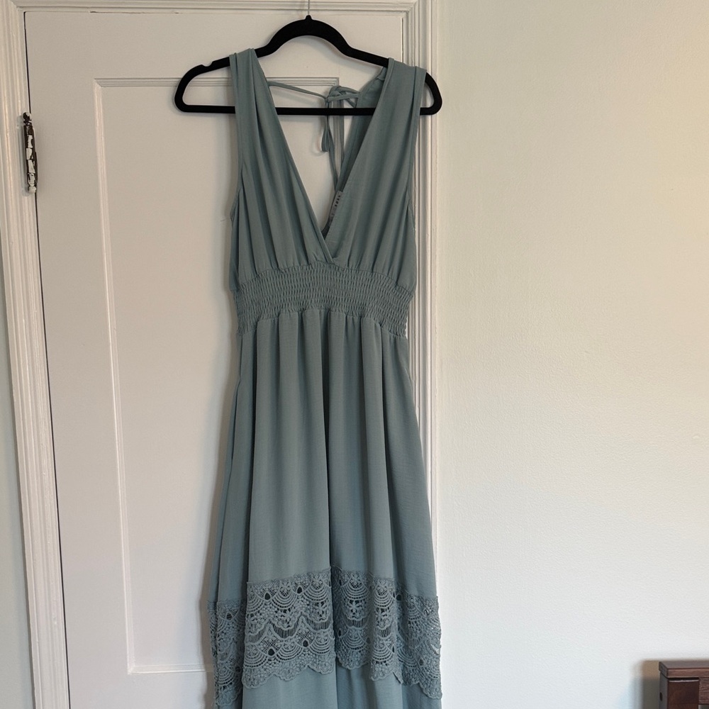 Baltic Born Light Blue V-Neck Smocked Waist Lace-Hem Maxi Dress